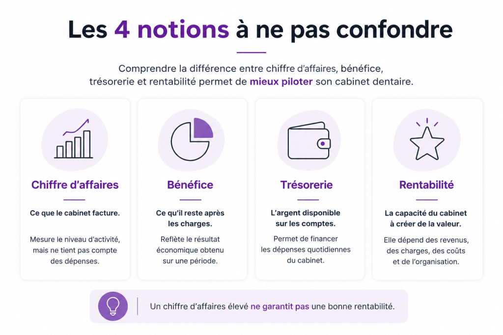 Infographie présentant les différences entre le chiffre d'affaires, le bénéfice, la trésorerie et la rentabilité d'un cabinet dentaire.